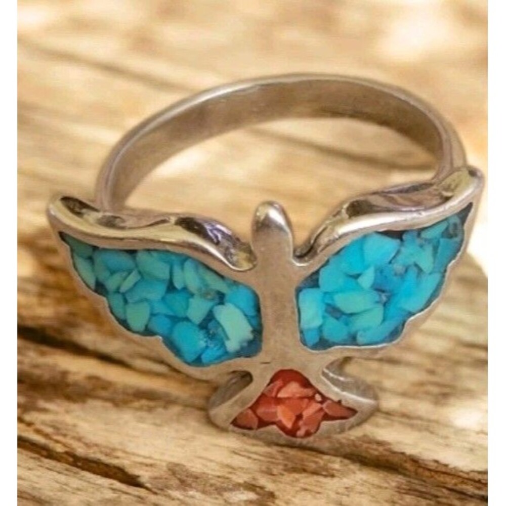 Vintage Phoenix Bird Ring Native American Style Turquoise Coral Inlay 70s Sz 5